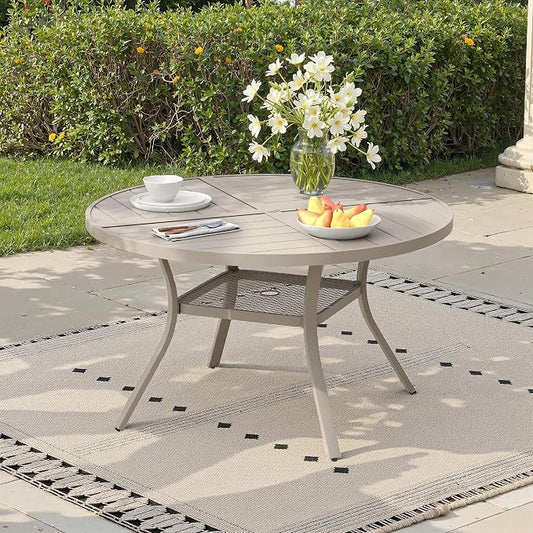 40.6" Outdoor Dining Table with Adjustable Umbrella Hole, Metal Slatted Round Patio Dining Table for Backyard Garden Deck, Sandshell