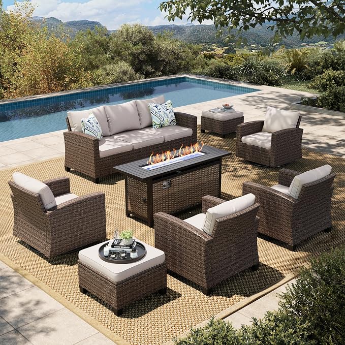 HERA'S HOUSE Swivel Glider Patio Furniture Set with Fire Pit, Outdoor Wicker Conversation Sets, 8 Pieces Deep Seat Rattan Sofa Sets with Cushions for Deck Backyard Lawn, Beige/Brown