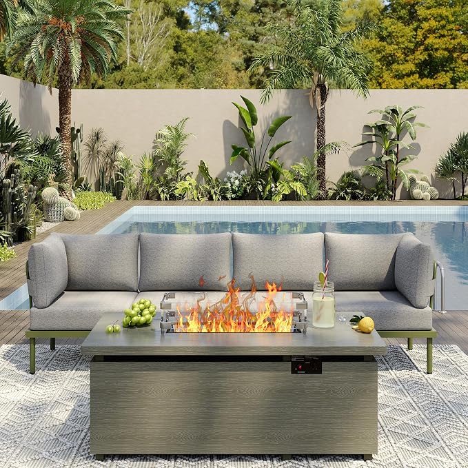 Sundale Outdoor 5 Pieces Patio Furniture Set with Fire Pit Table, Metal Outdoor Sectional Sofa with 6 Inch Olefin Cushion, All-Weather Modern Outdoor Conversation Sets for Backyard, Poolside