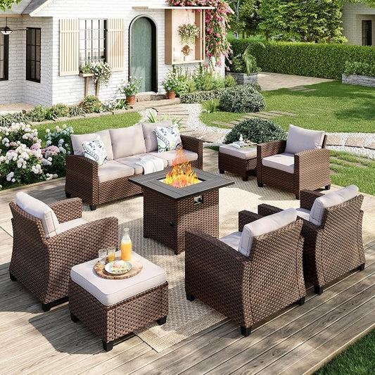MIXPATIO Patio Furniture Set, 8 Pcs Wicker Rattan Outdoor Conversation Set, 4 x Leg Chairs, 1 x 3 Seater Sofa and 2 x Ottomans with 4" Thick Cushion and 32" Fire Pit Table, Beige