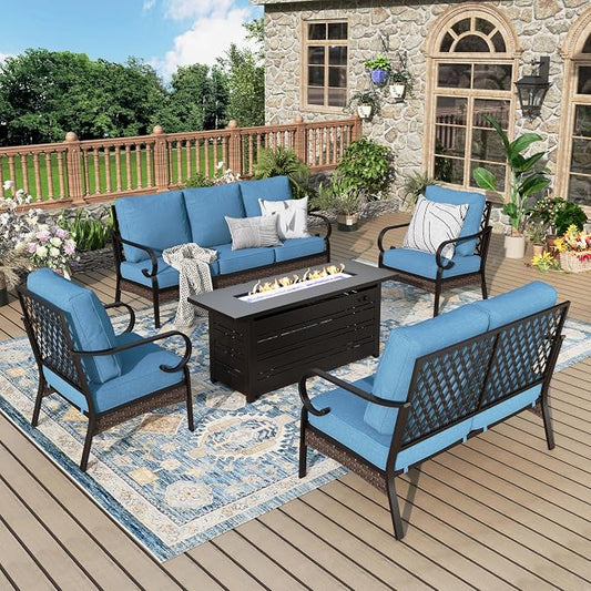 MIXPATIO Patio Furniture Set with Fire Pit Table, Metal Outdoor Conversation Set with 5.75'' Extra Thick Cushion, 2 Leg Chairs, Loveseat Sofa, 3-Seat Sofa and Gas Fire Pit Table, Navy Blue