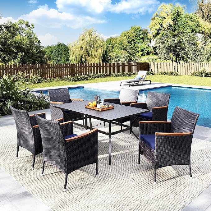 MFSTUDIO Patio Table and Chairs, Outdoor Dining Sets for 6, 7 Pieces Wicker Patio Dining Set with Rectangular Table, Outdoor Metal Dining Furniture with Rattan Chairs