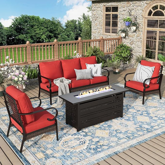 MIXPATIO Patio Furniture Set with Fire Pit Table, 4 PCS Metal Outdoor Conversation Set with 5.75'' Extra Thick Cushion, 2 Chairs, 3-Seat Sofa and Gas Fire Pit Table, Red