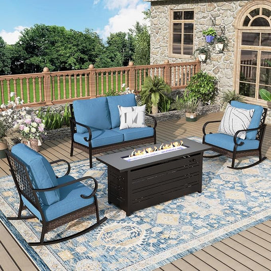 MIXPATIO Patio Furniture Set with Firepit Table, Black Frame Outdoor Conversation Set with 2 x Rocking Chair, 1 x 2-Seat Sofa for Lawn Garden Backyard, Navy Blue