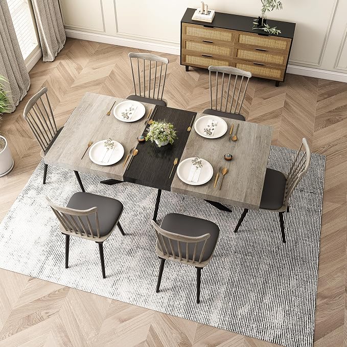 55.11" -70.86" Extendable Dining Room Table, Retro Folding Dining Tables for 4-6 People with Antique Wood Top/Black Fine Sand Cross Iron Foot Base/Storage Box, Black Grey