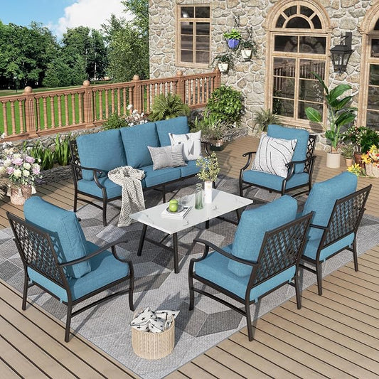 MIXPATIO Patio Furniture Set 6 pcs, Outdoor Patio Furniture, 1 X 3-Seat Sofa, 4 X Single Chairs, 1 X Coffee Table and 5.75" Extra Thick Cushion, Patio Conversation Set,Navy Blue