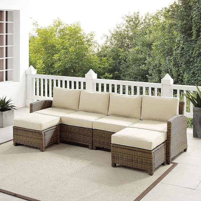 Crosley Furniture Bradenton 4-Piece Outdoor Sectional Sofa Wicker Conversation Patio Furniture Set for Deck, Brown with Sand Cushions