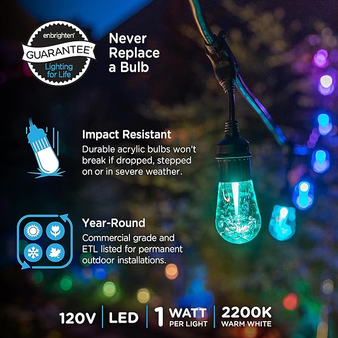 Enbrighten Vintage Outdoor String Lights, 24ft, 12 Bulbs, Remote Control | Coloring Changing LEDs, Weatherproof, Shatterproof Acrylic Bulbs, Drop Cord, Easy Install Keyholes, Linkable up to 750ft