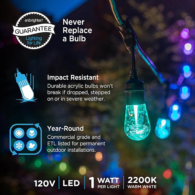 Enbrighten Vintage Outdoor String Lights, 48ft, 24 Bulbs, Remote Control | Coloring Changing LEDs, Weatherproof, Shatterproof Acrylic Bulbs, Drop Cord, Easy Install Keyholes, Linkable up to 750ft
