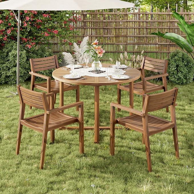 5 Pieces Outdoor Acacia Wood Dining Table Set with 47.2" L Slatted Round Table and 4 Chairs, Modern Patio Dinner Set with Cushions for Backyard, Lawn, Garden, Poolside or Indoor, Natural