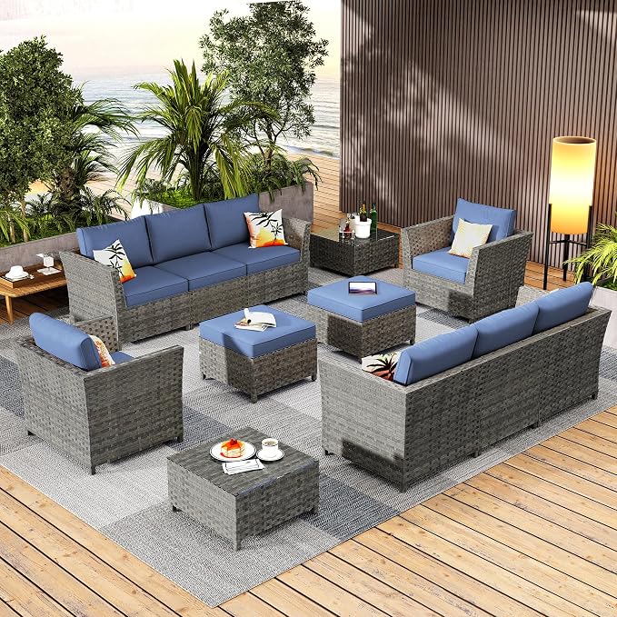 CAODOC 12 Pieces Outdoor Furniture Patio Sectional Sofa Couch Gray PE Wicker Conversation Sets with Ottomans Glass Coffee Table for Garden Poolside Backyard