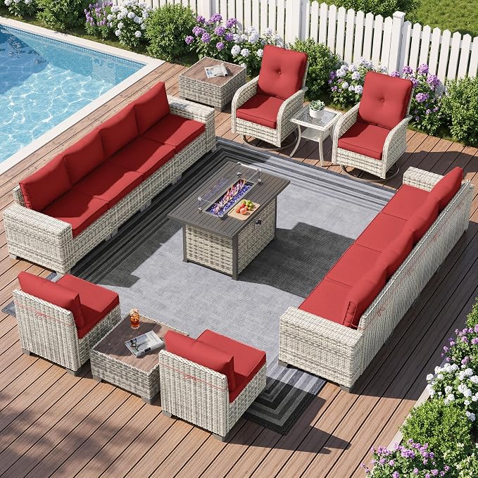 16-Piece Outdoor Patio Furniture Set with Rocking Swivel Chair, PE Wicker Rattan Sectional Sofa Patio Conversation Set with 55,000 BTU Fire Pit Table & Coffee Table, Red