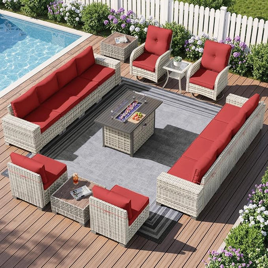 16-Piece Outdoor Patio Furniture Set with Rocking Swivel Chair, PE Wicker Rattan Sectional Sofa Patio Conversation Set with 55,000 BTU Fire Pit Table & Coffee Table, Red