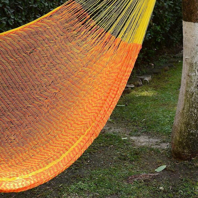 NOVICA Bright Yellow Orange Hand Woven Nylon Mayan 1 Person Rope Hammock with Hanging Accessories, 'Daffodil Dreams' (Single)