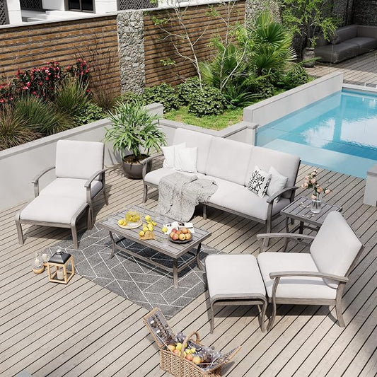HAPPATIO 7 Piece Aluminum Patio Furniture Set, 3-Seat Outdoor Ottomans and Armchairs, Outdoor Sectional Sofa with Side Table and Coffee Table, Garden Conversation Set for Lawn Deck (Gray)