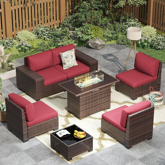 Patio Furniture with Fire Pit Table,8‘’ Wide armrest Outdoor Sectional Rattan Sofa Set, Wicker Patio Furniture Sets w/Coffee Table,Thick Cushions and Cover for Porch, Balcony,7PC (Brown&Wine)