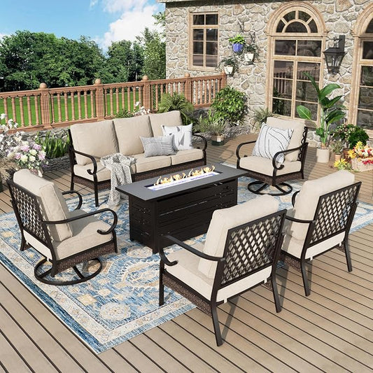 MIXPATIO Patio Furniture Set with Fire Pit Table, Metal Outdoor Conversation Set with 5.75'' Extra Thick Cushion, 2 Swivel Chairs, 2 Leg Chairs, 3-Seat Sofa and Gas Fire Pit Table, Beige