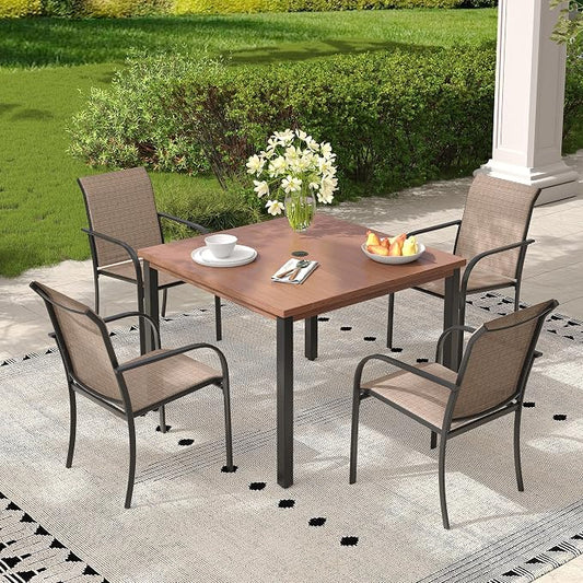 Patio Table and Chairs Set for 4, Outdoor Dining Set with 4 Stackable Dining Chairs and 40.2" x 40.2" Patio Square Dining Table for Backyard, Deck, Lawn, Garden, Brown & Walnut