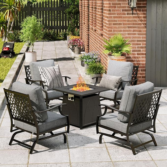 MIXPATIO Patio Furniture Set with Fire Pit Table, 5 Pcs Metal Outdoor Conversation Set, 4 Rocking Chairs with 5.75" Extra Thick Cushion and 28" Fire Pit Table for Backyard Deck, Grey