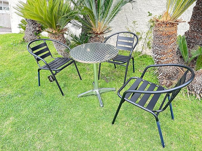 BTEXPERT Indoor Outdoor Restaurant Stainless Steel Aluminum Metal Slat Stack Commercial Lightweight, 3 Chairs with a 27.5" Round Table, Silver/Black