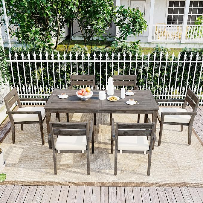 RUNNA 7-Piece Outdoor Dining Table Set with Acacia Tabletop and 6 Chairs Indoor and Outdoor Furniture Sets,for Patio, Balcony Or Backyard. (Grey@015)