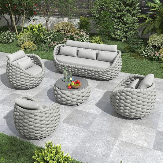 5 Pieces Porch Patio Conversation Set: Hand Woven Rope, Rusrproof Aluminum Frame, Weather Resistant, Thick Cushions, No Assembly Furniture, Comfy Outdoor Sofa Set for Deck Yard Lawn Hotel - Gray