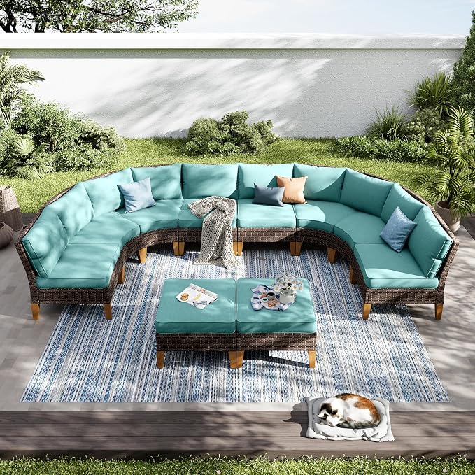 PHI VILLA 8-Piece Half-Moon Patio Furniture Set, Outdoor Wicker Sectional Sofa with Thick Aqua Blue Cushions, 2 Ottomans, Large Curved Conversation Seating for Garden or Backyard