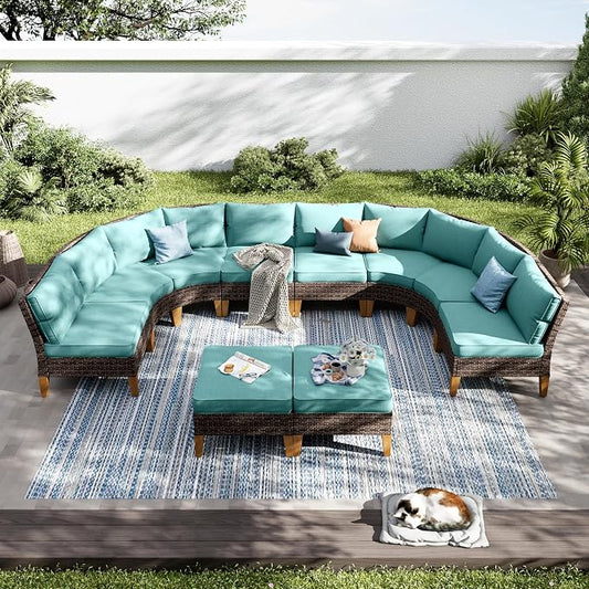 PHI VILLA 8-Piece Half-Moon Patio Furniture Set, Outdoor Wicker Sectional Sofa with Thick Aqua Blue Cushions, 2 Ottomans, Large Curved Conversation Seating for Garden or Backyard