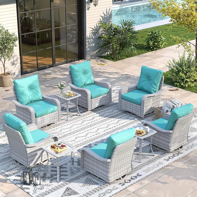 9 Piece Wicker Patio Furniture Set, Swivel Rocking Chairs with 4''Cushions, PE Rattan, Rust Resistant Frame, Double Layer Glass Side Table, for Backyard, Deck or Balcony, Blue