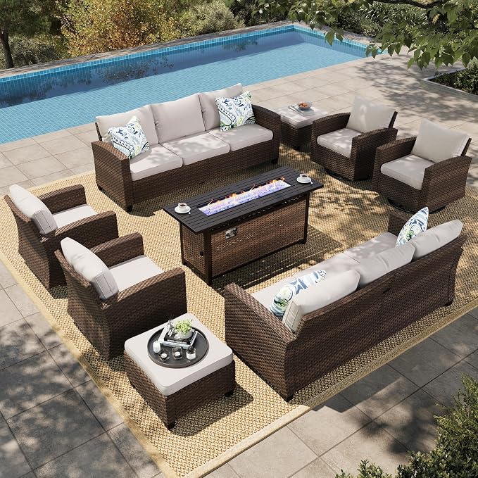 HERA'S HOUSE Swivel Glider Patio Furniture Set with Fire Pit Table, 9 Pieces Outdoor Seating Furniture Wicker Conversation Sets for Deck Backyard Lawn, Beige