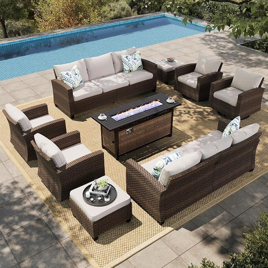 HERA'S HOUSE Swivel Glider Patio Furniture Set with Fire Pit Table, 9 Pieces Outdoor Seating Furniture Wicker Conversation Sets for Deck Backyard Lawn, Beige