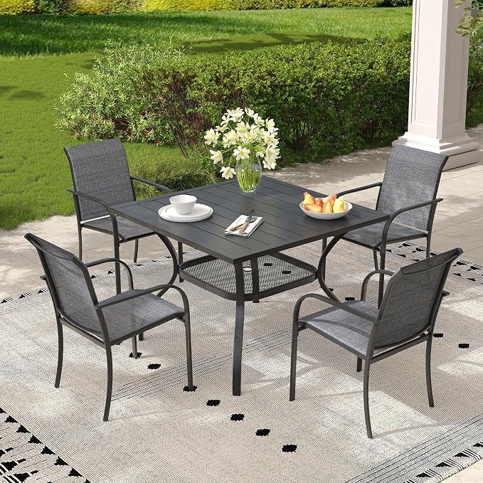 5 Pieces Outdoor Dining Set, Stackable Textilene Paito Chairs & 37.8" Square Dining Table with Umbrella Hole and Shelf, Patio Dining Set for Backyard, Deck, Garden, Grey & Black