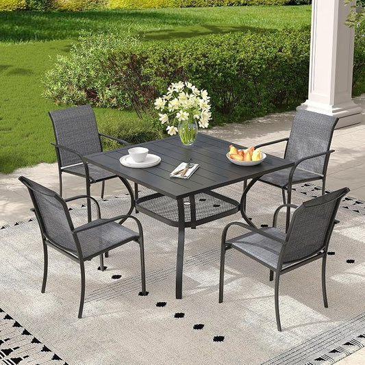 5 Pieces Outdoor Dining Set, Stackable Textilene Paito Chairs & 37.8" Square Dining Table with Umbrella Hole and Shelf, Patio Dining Set for Backyard, Deck, Garden, Grey & Black