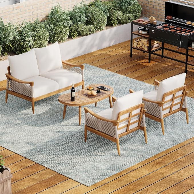 Christopher Knight Home Havets 4 Piece Patio Conversation Sets, Outdoor Acacia Wood Patio Seating Group,Woven Rope Loveseat Chairs with Cushions and Coffee Table for Porch Backyard Balcony, Teak+Beige