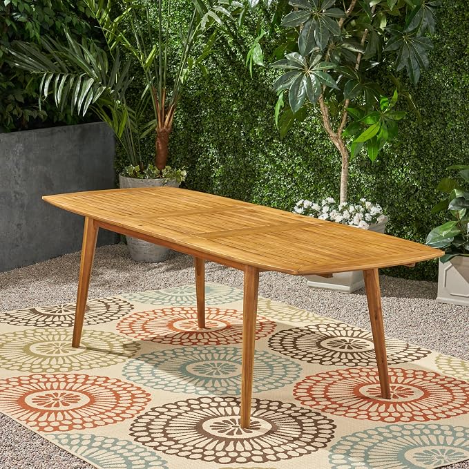 IRONORA Natural Acacia Wood Extendable Patio Dining Table, 94.5 Inch Rectangular Slatted Top Outdoor Farmhouse Table for 6-8 People, Teak Finish Wooden Table for Backyard Balcony