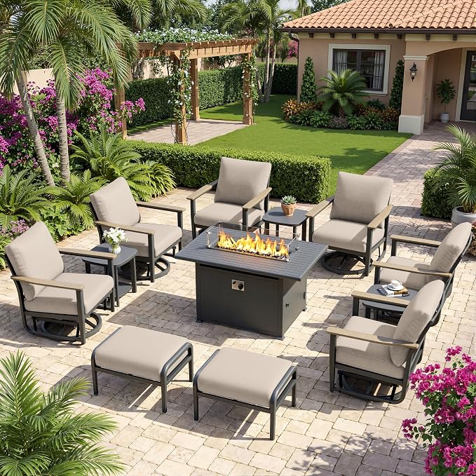 Aluminum Patio Swivel Rocking Chair Outdoor Bistro Set, 12pcsPatio Conversation Set Outdoor Patio Furniture Set with High Backrest & Thickened Cushions for Garden, Deck and Balcony, Sand