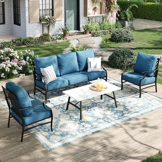 MIXPATIO Patio Furniture Set 4 pcs, Metal Outdoor Patio Furniture, 3-Seat Sofa, 2 Single Chairs, Coffee Table and 5.75" Extra Thick Cushion, Conversation Set for Backyard Deck, Gemstone Blue