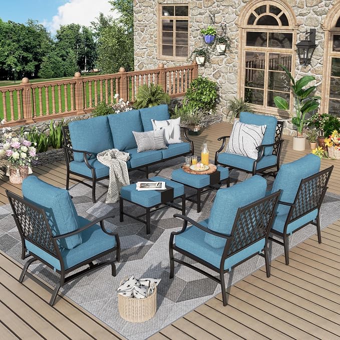 MIXPATIO Patio Furniture Set 7 pcs, Outdoor Patio Furniture, 3-Seat Sofa, 2 Single Chairs, 2 Rocking Chairs, 2 Ottomans and 5.75" Extra Thick Cushion, Conversation Set for Deck,Navy Blue