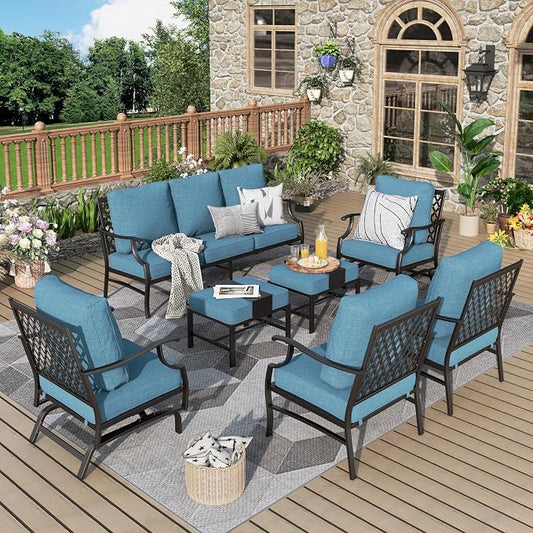 MIXPATIO Patio Furniture Set 7 pcs, Outdoor Patio Furniture, 3-Seat Sofa, 2 Single Chairs, 2 Rocking Chairs, 2 Ottomans and 5.75" Extra Thick Cushion, Conversation Set for Deck,Navy Blue