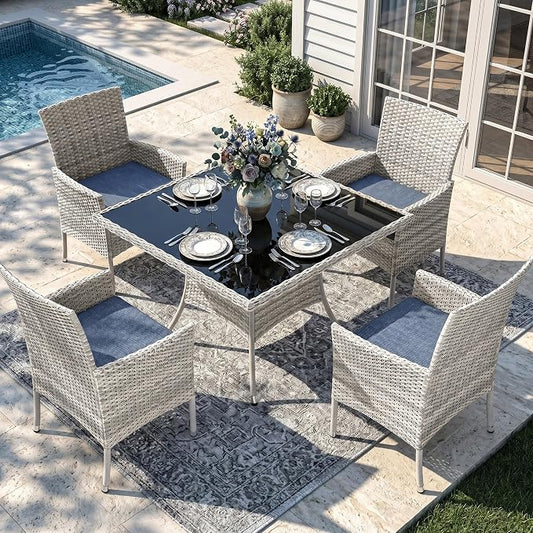 Outdoor Dining Set, 5-Piece Patio Furniture Set with Tempered Glass Table and 4 Cushioned Chairs, Dual-Strand Wicker Rattan, Balcony Furniture for Backyard, Garden, Deck,– Navy Blue