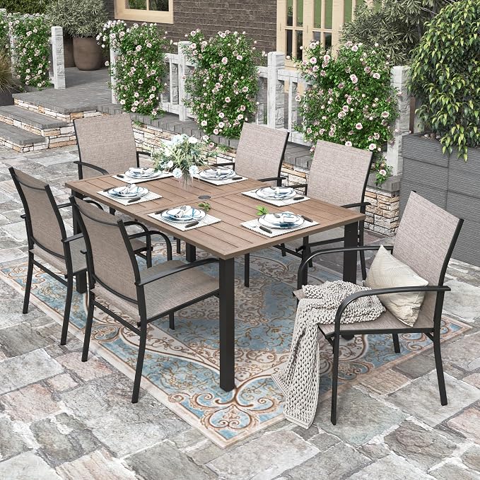 HERA'S HOUSE 7pc Patio Dining Set, Outdoor Wood-Like Metal Table & 6 Chairs | Brown textilene chairs + 60" rectangle table with umbrella hole. Waterproof, rust-resistant, all-weather for deck, garden