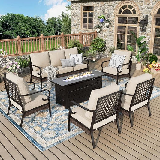 MIXPATIO Patio Furniture Set with Fire Pit Table, Metal Outdoor Conversation Set with 5.75'' Extra Thick Cushion, 4 Leg Chairs, 3-Seat Sofa and Gas Fire Pit Table, Beige
