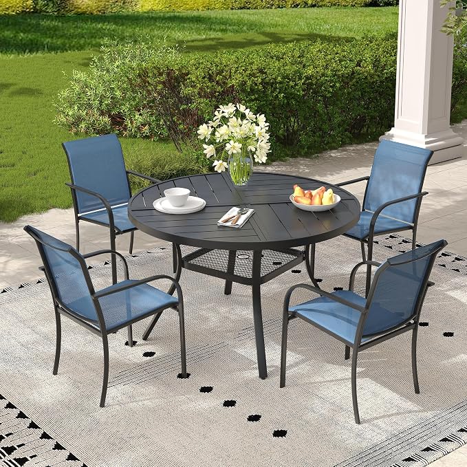 5 Pieces Outdoor Dining Set, Stackable Textilene Paito Chairs & 40.5" Round Dining Table with Umbrella Hole and Shelf, Patio Dining Set for Backyard, Deck, Garden, Dark Blue & Black