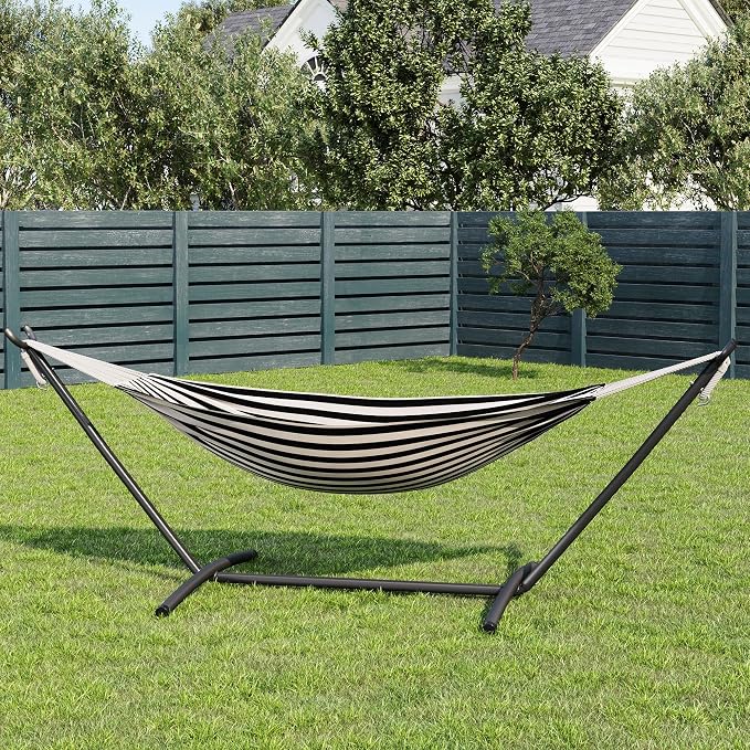 Double Hammock with Steel Stand, 450lbs Capacity Heavy Duty 2 Person Portable Cotton Hammocks for Backyard Patio Garden Camping, Carrying Bag Included, Brazilian Style