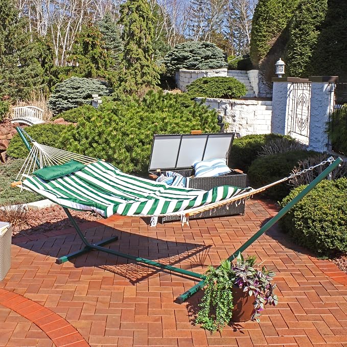 Sunnydaze Rope Double Hammock with Stand for Outside - Heavy Duty Freestanding Portable Outdoor Hammock Set with Quilted Pad, Pillow, and 12-Foot Steel Frame - 450 lb Capacity - Green & White Stripe