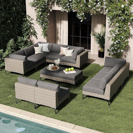 LayinSun 12-Piece Wicker Rattan Patio Furniture Set, Deep Seating Outdoor Modular Sectional Sofa Conversation Set with Thick Cushions for Lawn, Garden