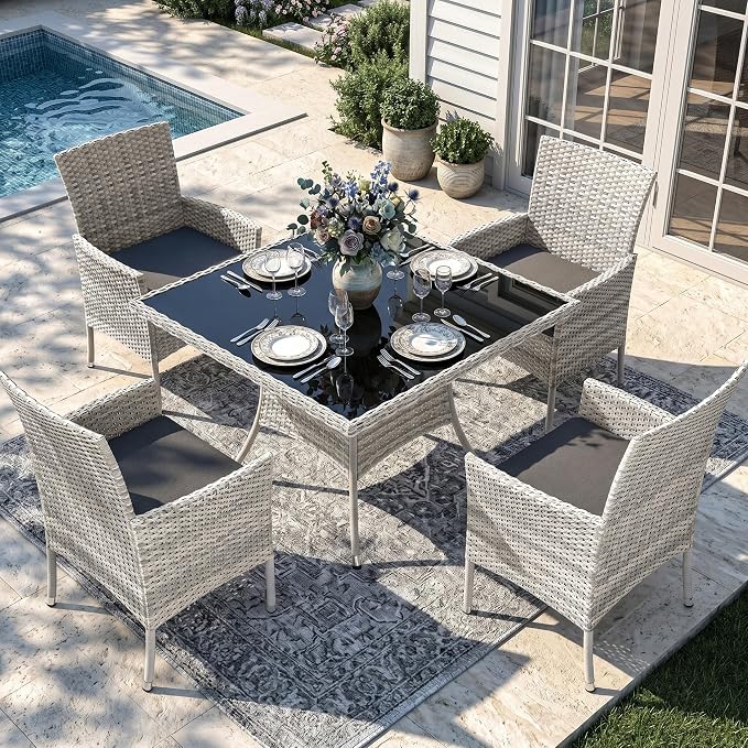 Outdoor Dining Set, 5-Piece Patio Furniture Set with Tempered Glass Table and 4 Cushioned Chairs, Dual-Strand Wicker Rattan, Balcony Furniture for Backyard, Garden, Deck,– Black