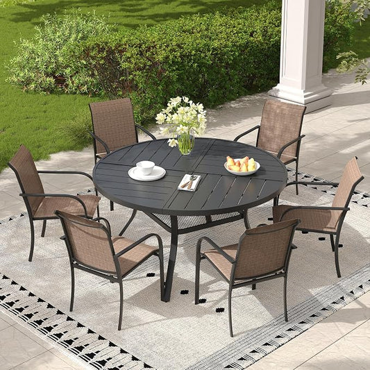 7 Pieces Outdoor Dining Set, Stackable Textilene Paito Chairs & 47.1" Round Dining Table with Umbrella Hole and Shelf, Patio Dining Set for Backyard, Deck, Garden, Brown & Black