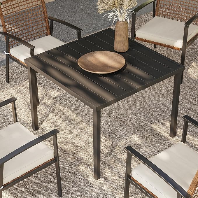 LAUSAINT HOME Outdoor Dining Table for 4, Square Table with Umbrella Hole, Weather Resistant Heavy Duty Metal Frame Table for Lawn Garden Backyard, L37 xW37 xH29