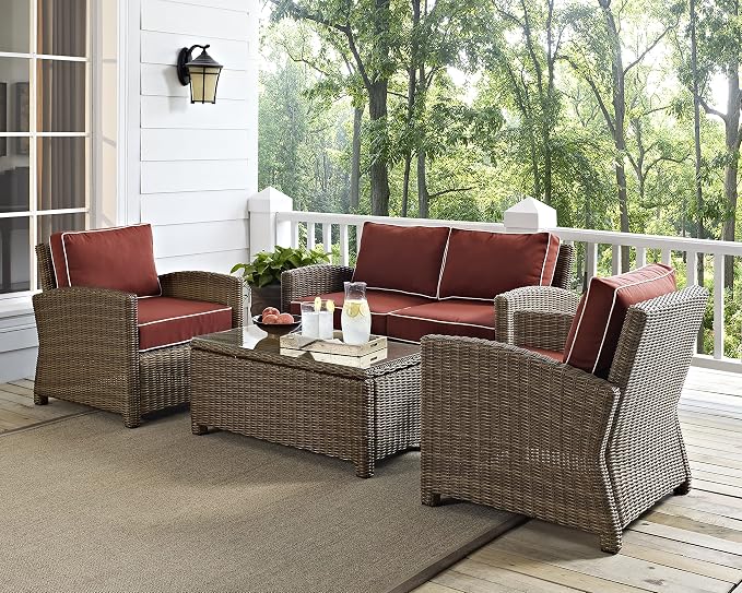 Crosley Furniture Bradenton 4-Piece Outdoor Loveseat Patio Furniture Set, Wicker Conversation Sets for Porch, Brown with Sangria Cushions